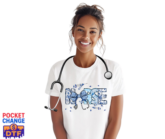 Blue Floral Bow Stethoscope – Nurse DTF Transfer (Premade)
