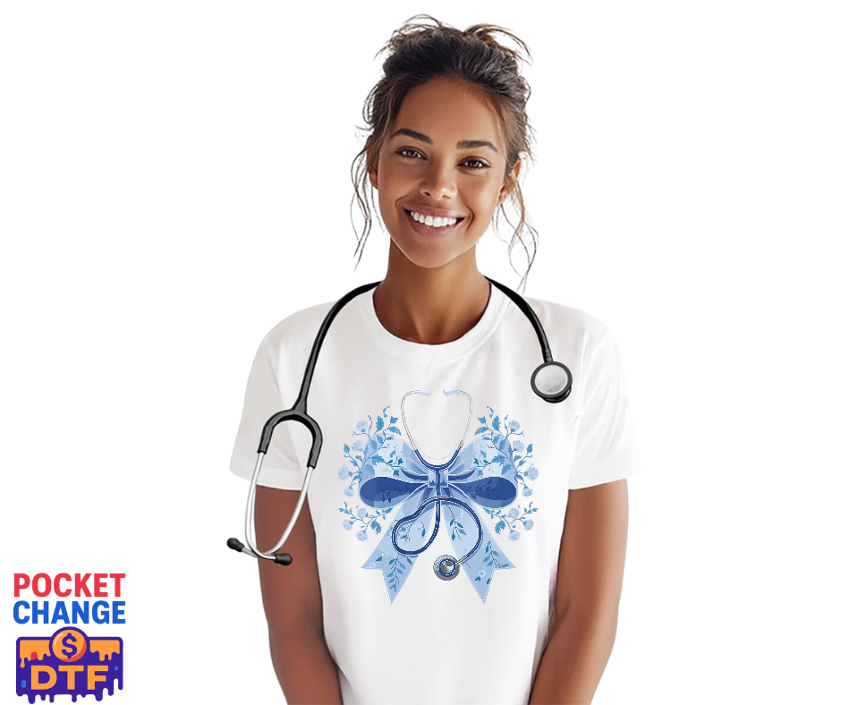 Blue Floral Stethoscope with Bow – Nurse DTF Transfer (Premade)