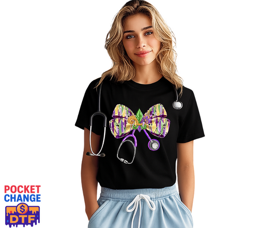 Mardi Gras Bow Stethoscope – Nurse DTF Transfer (Premade)